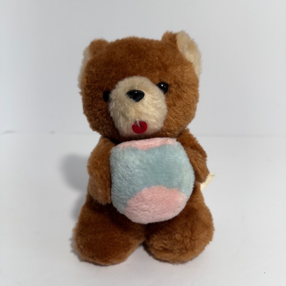 Vintage Dan-Dee Brown Teddy Bear Plush Holding Pink Blue Beach Ball Stuffed  6"